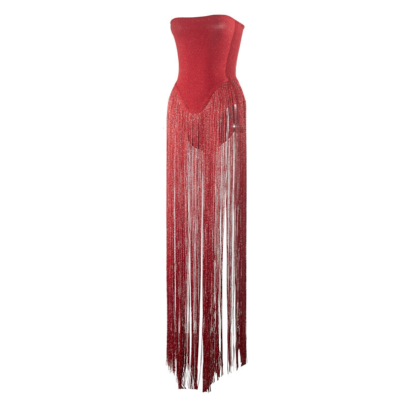 Strapless Fringe Red Dress