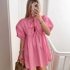 Versatile Puff Sleeve High Waist Girl Solid Color Dress