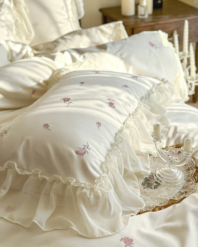 Rosalie Embroidered Cotton Ruffle Bedding Set - Pink Blush