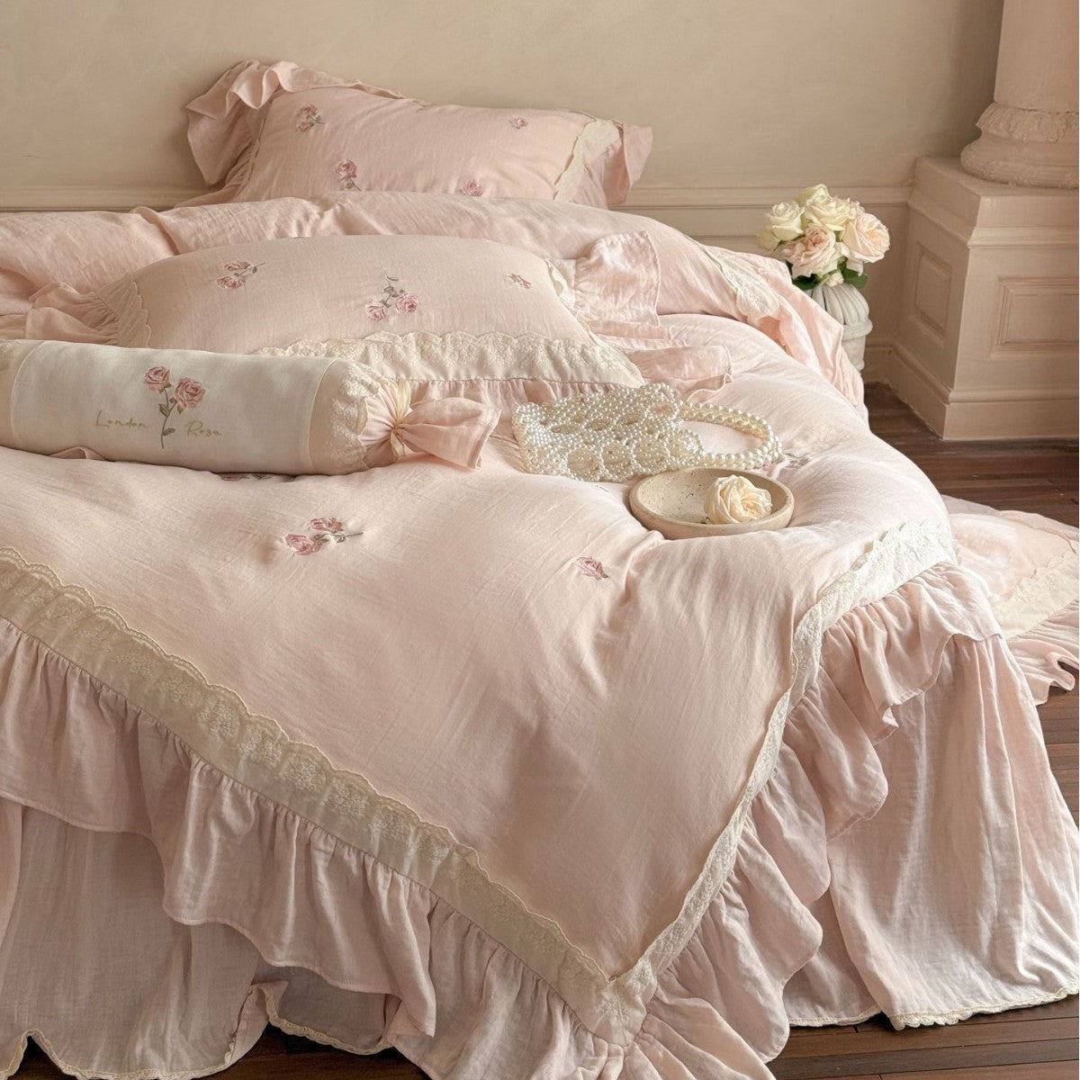 Beatrice Rose Lace Ruffle Bedding Set - Blue