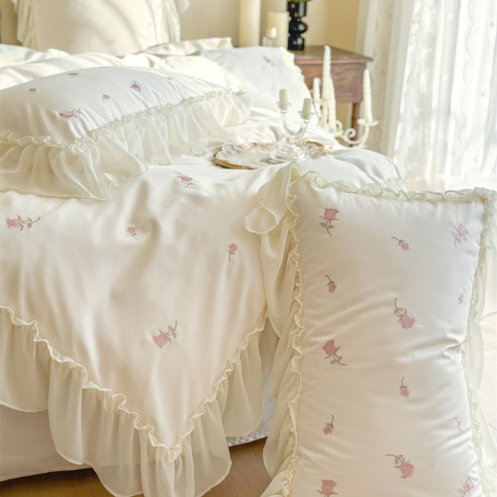 Rosalie Embroidered Cotton Ruffle Bedding Set - Pink Blush