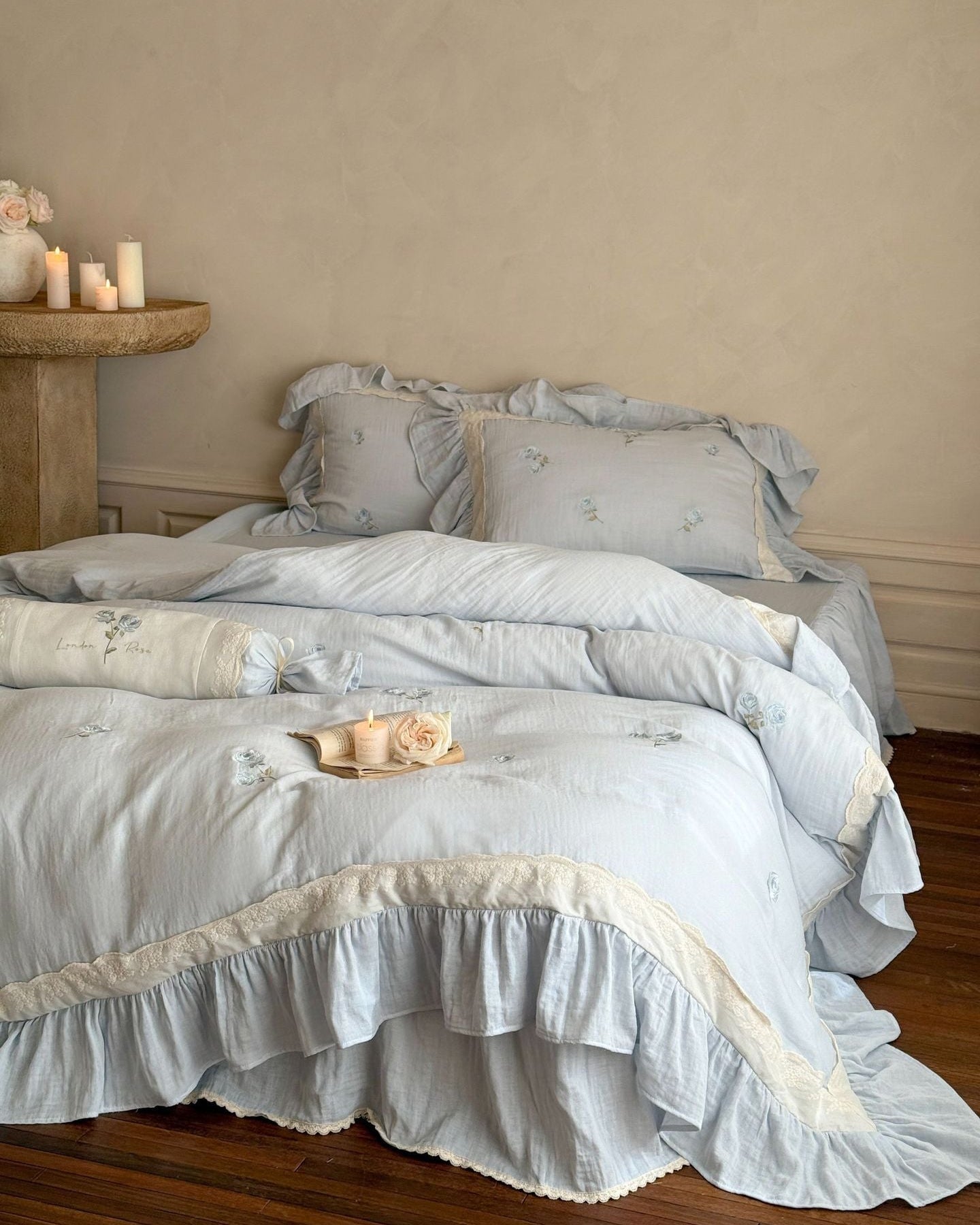Beatrice Rose Lace Ruffle Bedding Set - Blue