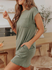 Solid Color Pocket Crew Neck Skirt