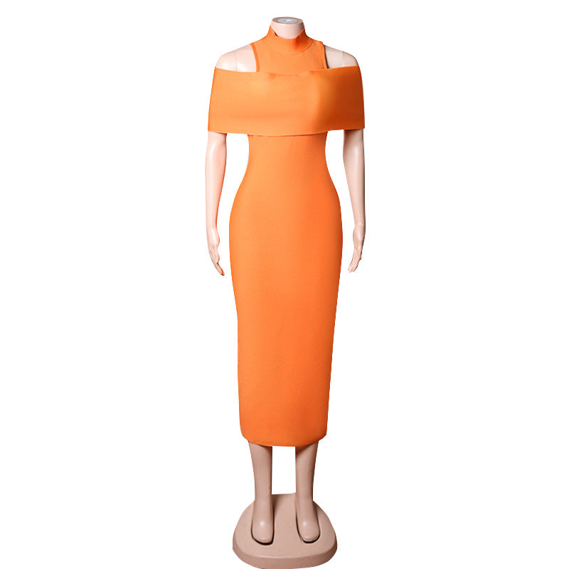 Shoulderless Turtleneck Slit Midi Dress