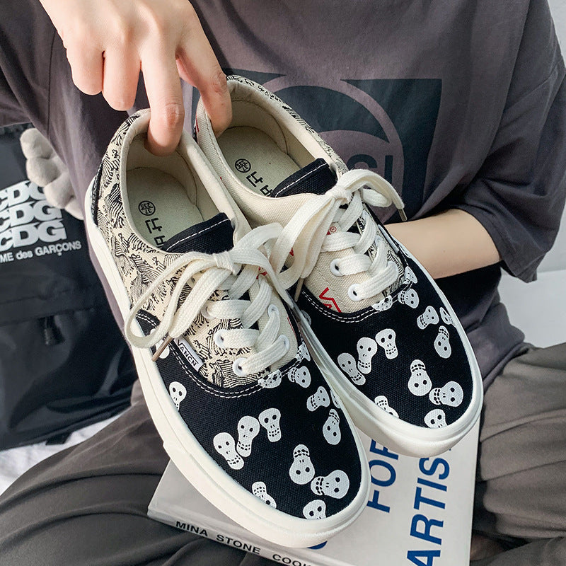 Women's & Men's Skateboard Skull Vintage Print Classic Canvas Shoes