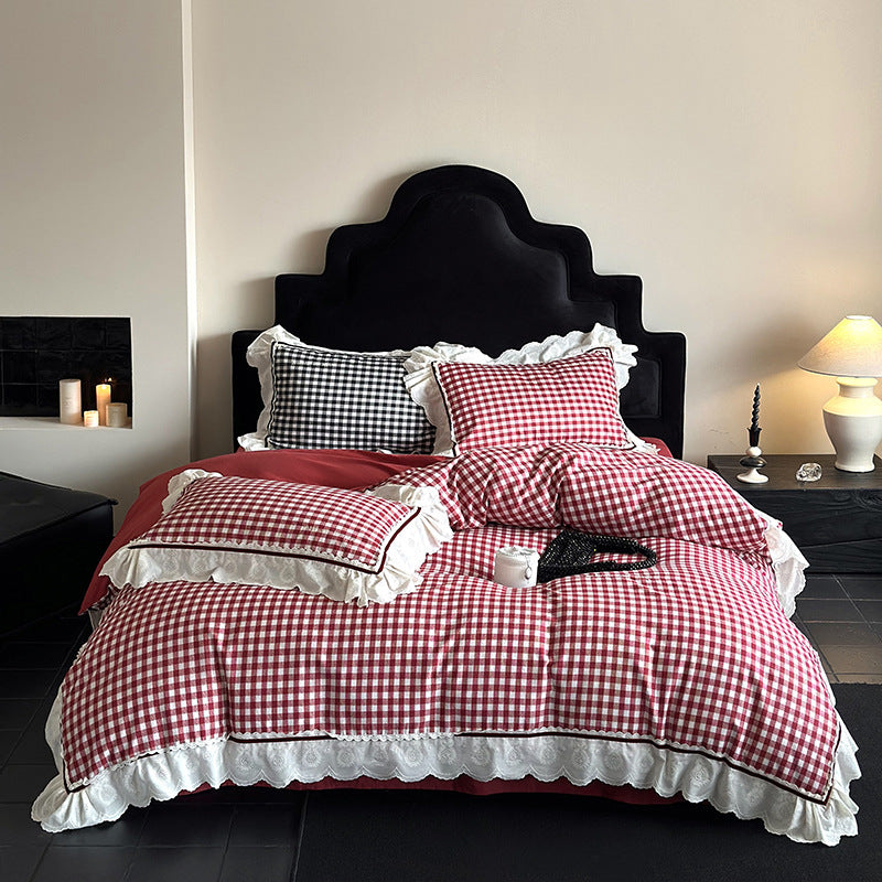 Hazel Vintage Gingham Ruffle Bedding Set - Black