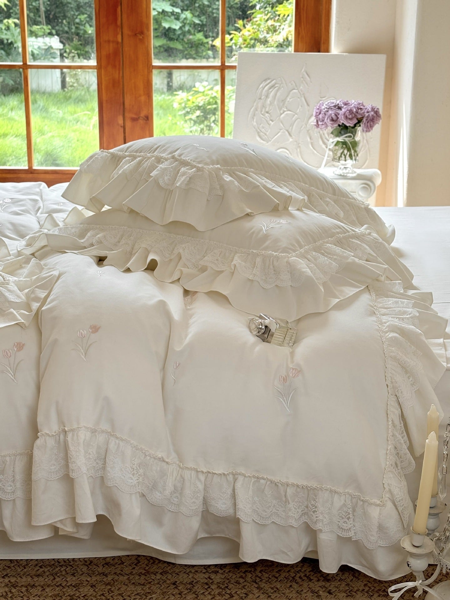 Chiffon Lace Princess Bedding Set - French White
