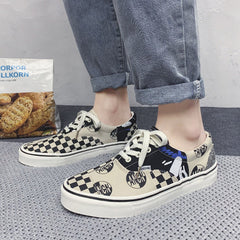 Women's & Men's Spring Black And White Plaid Chessboard Canvas Shoes
