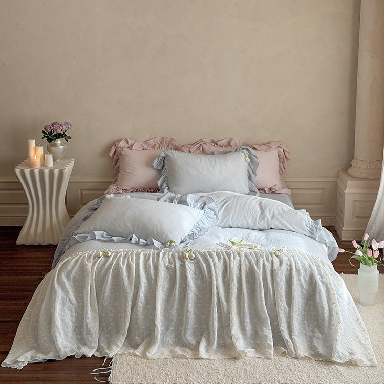 Bella Floral Lace Ruffled Princess Bedding Set - Pink