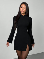 High Neck Long Sleeve Backless Mini Bodycon Dress HI1299