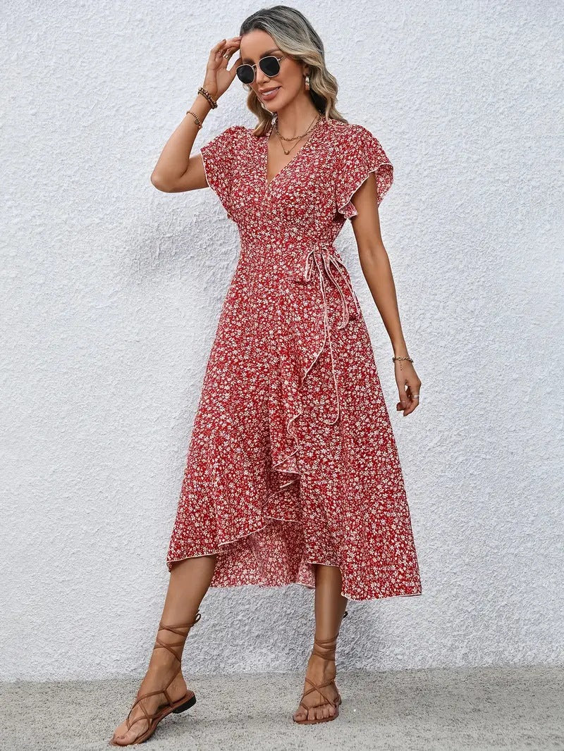 Slim Flower V - Neck Split Dress