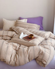 Vintage Striped Washed Cotton Bedding Set - Khaki & Purple