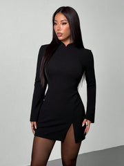 High Neck Long Sleeve Backless Mini Bodycon Dress HI1299