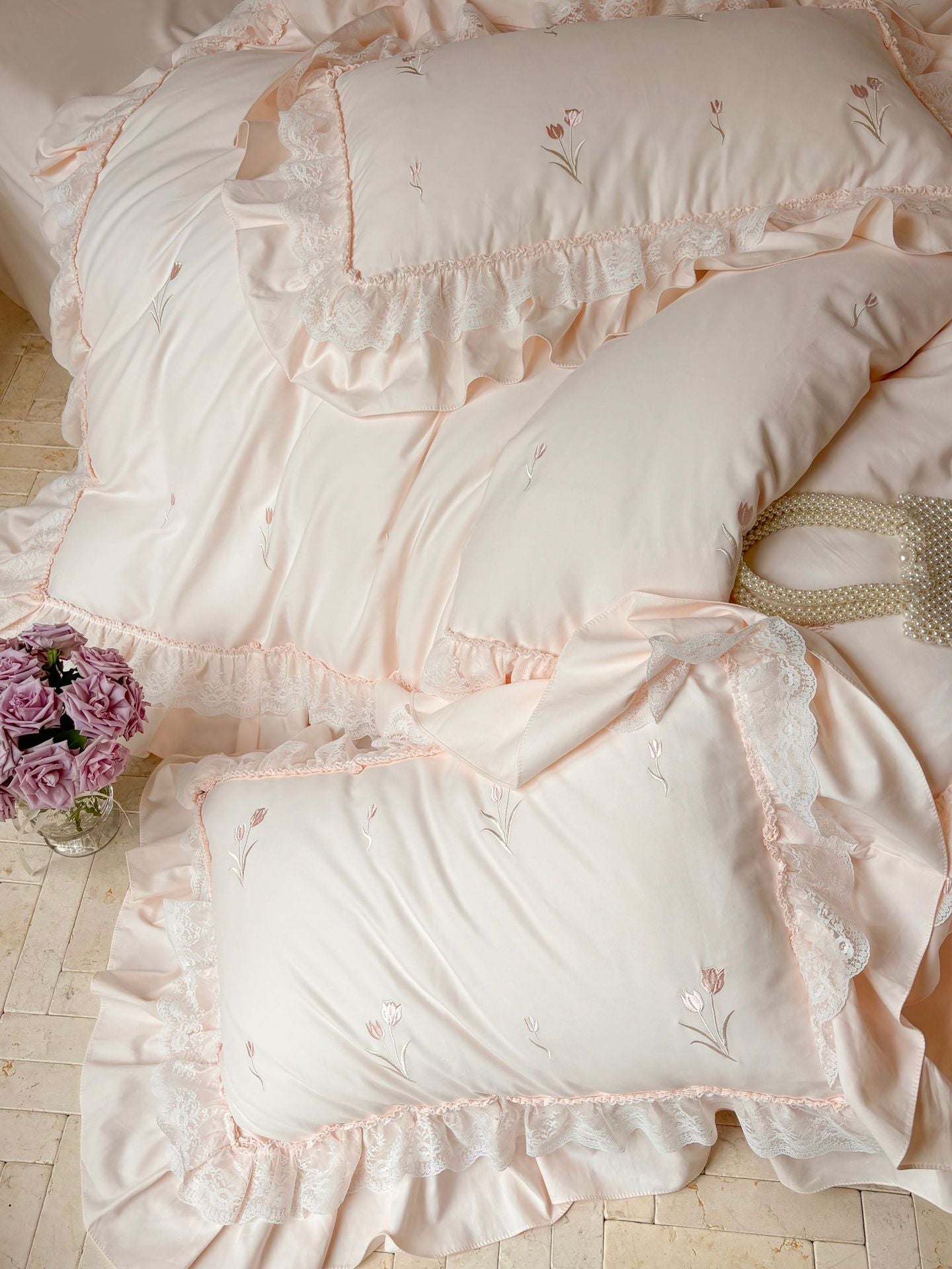 Chiffon Lace Princess Bedding Set - French White