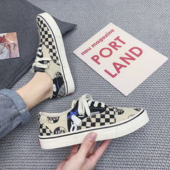 Women's & Men's Spring Black And White Plaid Chessboard Canvas Shoes