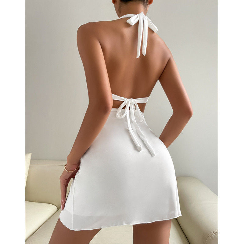 Summer neck hanging solid sexy backless dress