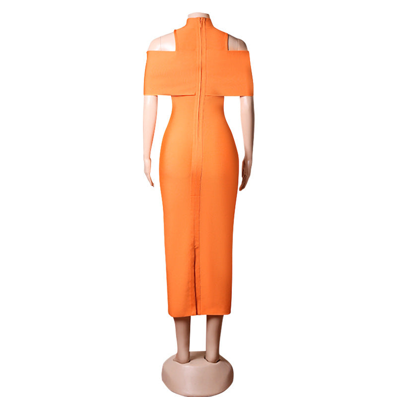 Shoulderless Turtleneck Slit Midi Dress