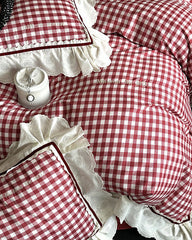 Hazel Vintage Gingham Ruffle Bedding Set - Red