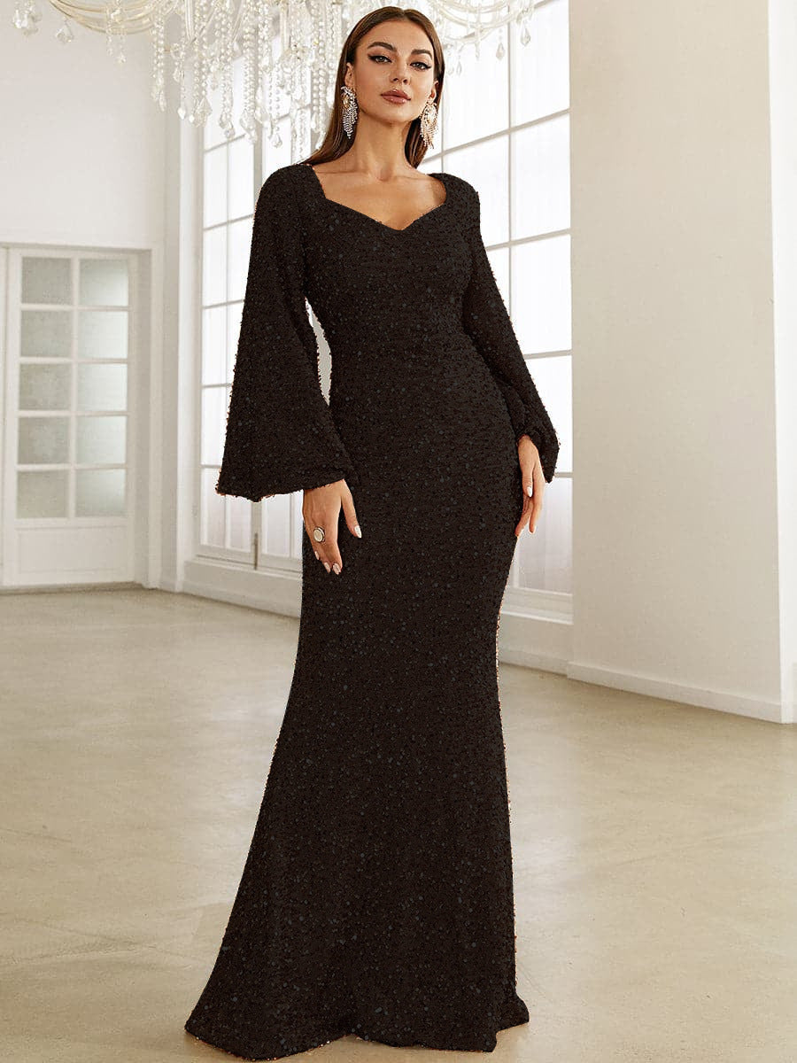 Sequined Long Sleeve Deep V Neck Elegant Slim Fit Evening Dress