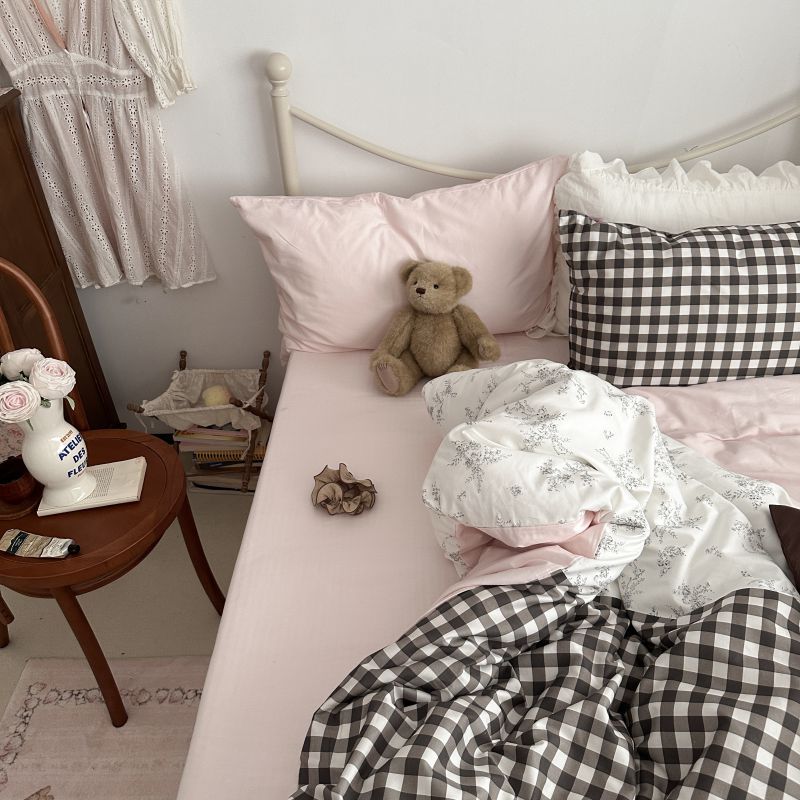 Emi Patchwork Gingham Bedding Set - Soft Mocha Pink