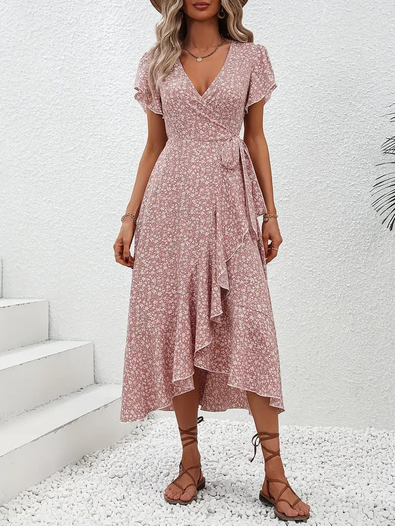 Slim Flower V - Neck Split Dress