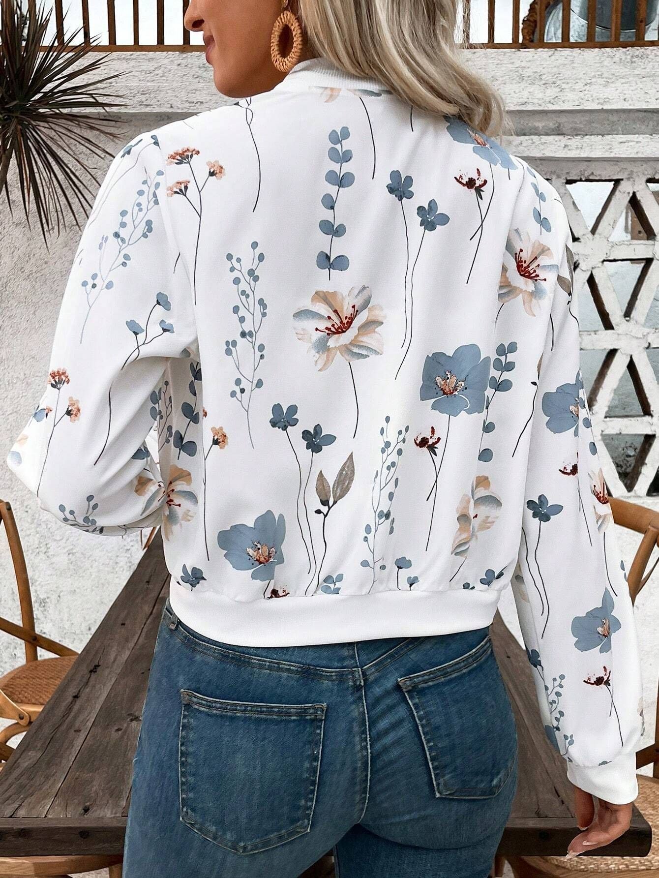 Zipper Floral Print Casual Jacket Coat