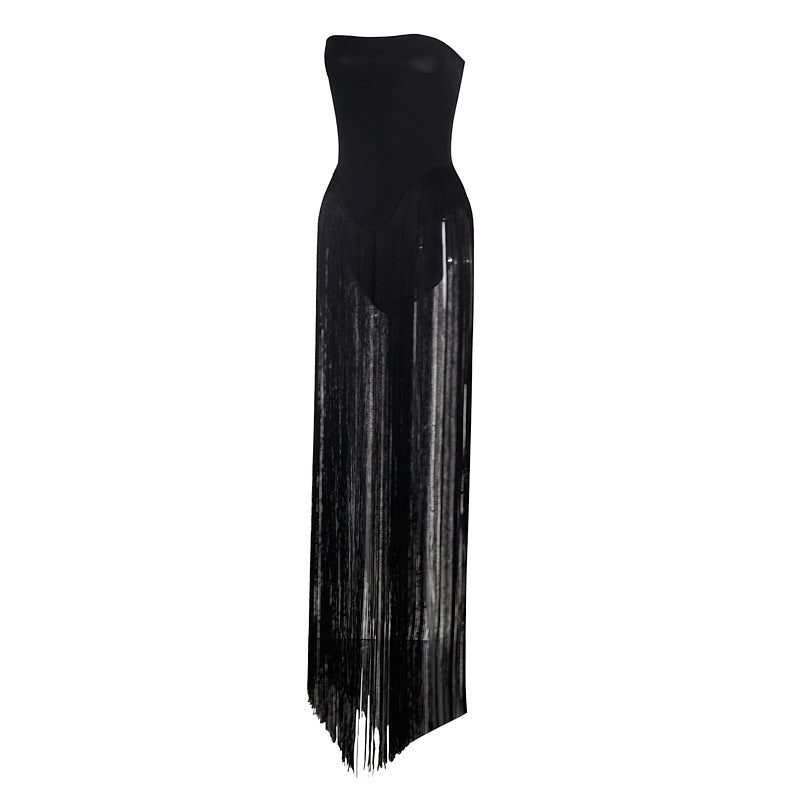 Strapless Fringe Black Dress