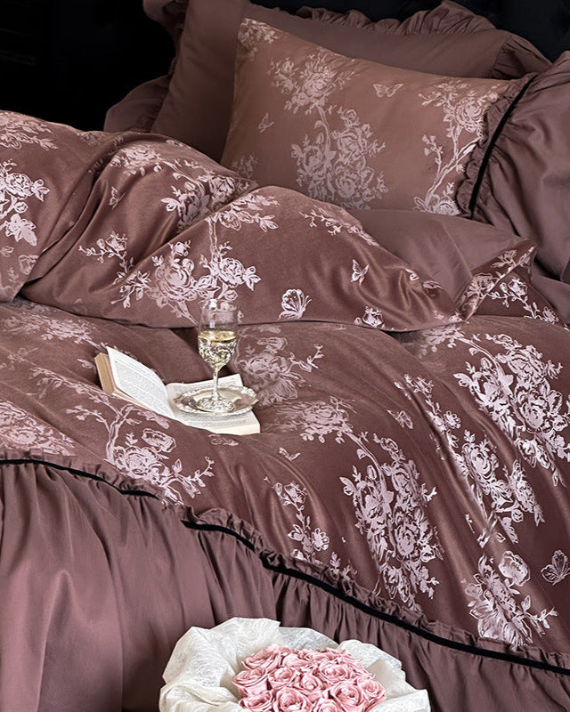 Jacquard Gilded Velvet Ruffled Bedding Set - Pink