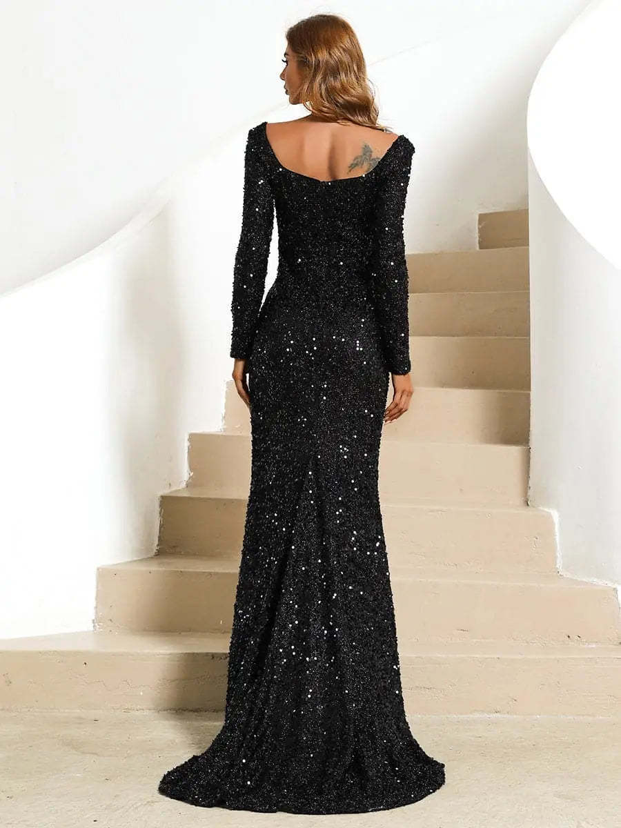 Sequined Long Sleeve Deep V Neck Elegant Slim Fit Evening Dress