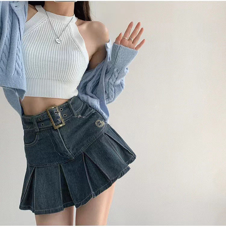 Slim Denim Short Pleated Skirt