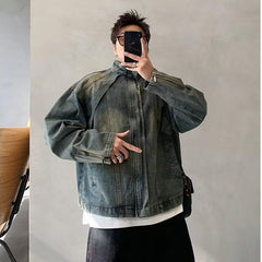 Vintage Washed Denim Zip-Up Jacket With Stand Collar