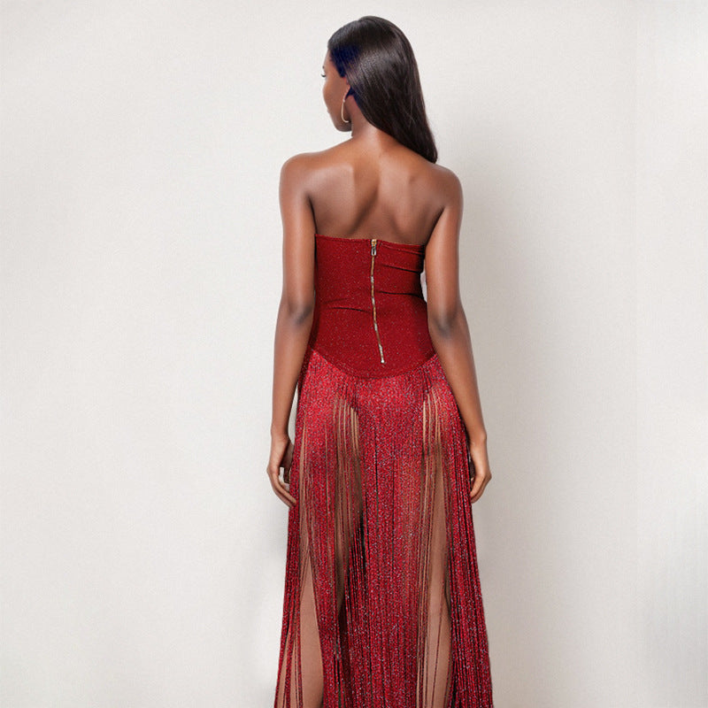 Strapless Fringe Red Dress