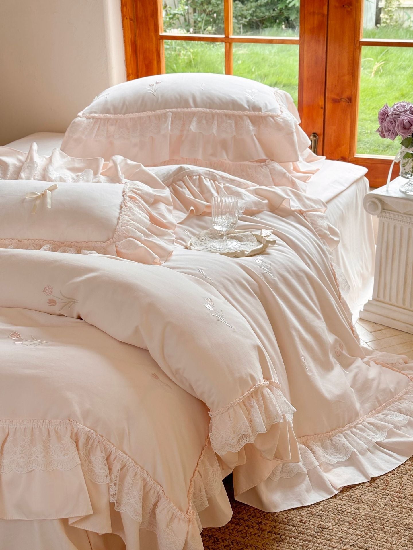 Chiffon Lace Princess Bedding Set - French Pink