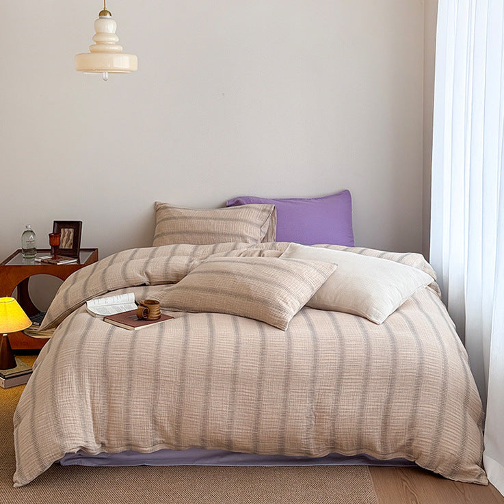 Vintage Striped Washed Cotton Bedding Set - Khaki & Purple