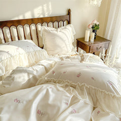 Rosalie Embroidered Cotton Ruffle Bedding Set - Ivory Blush
