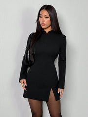High Neck Long Sleeve Backless Mini Bodycon Dress HI1299