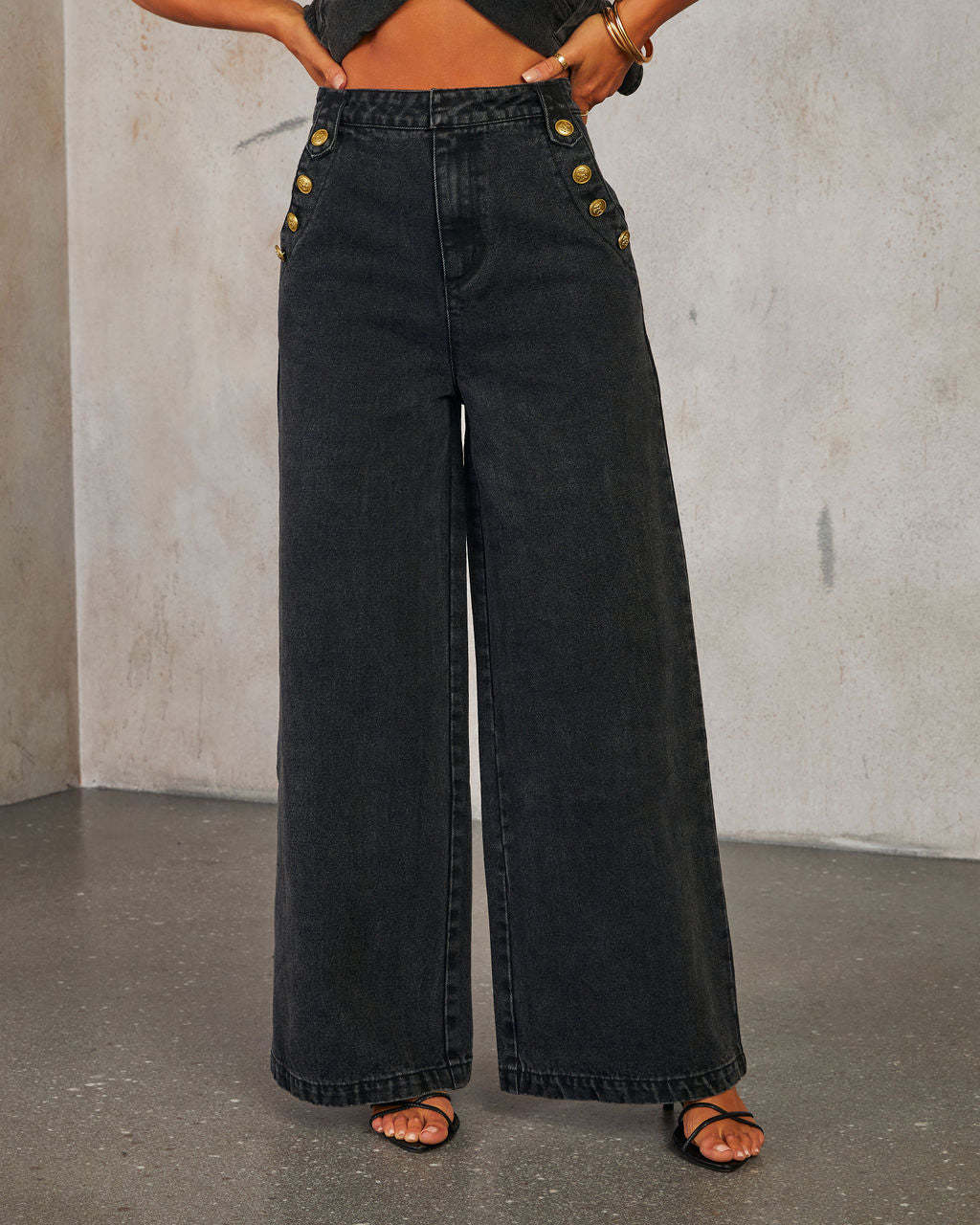 Button Sleeveless Vest Wide-Leg Jeans Set