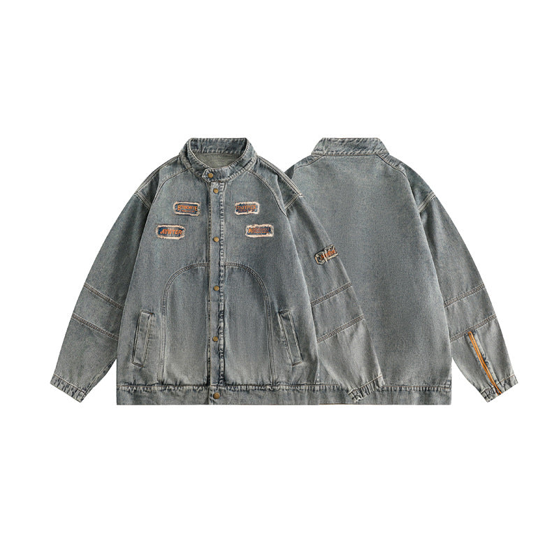 Embroidered Denim Jacket With A Stand-Up Collar