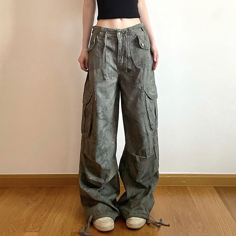 Printed Loose Casual Straight Low Rise Cargo Trousers