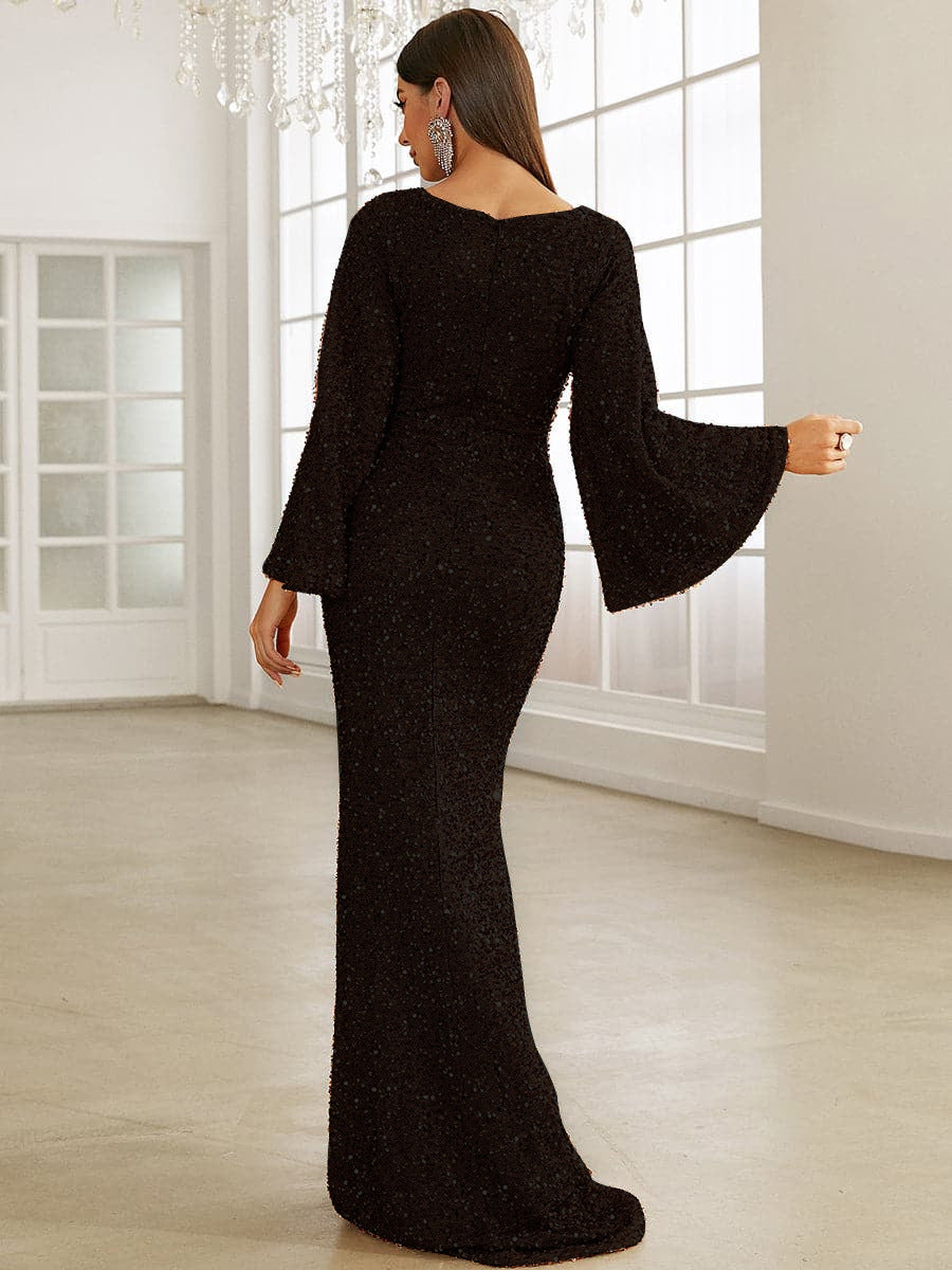 Sequined Long Sleeve Deep V Neck Elegant Slim Fit Evening Dress