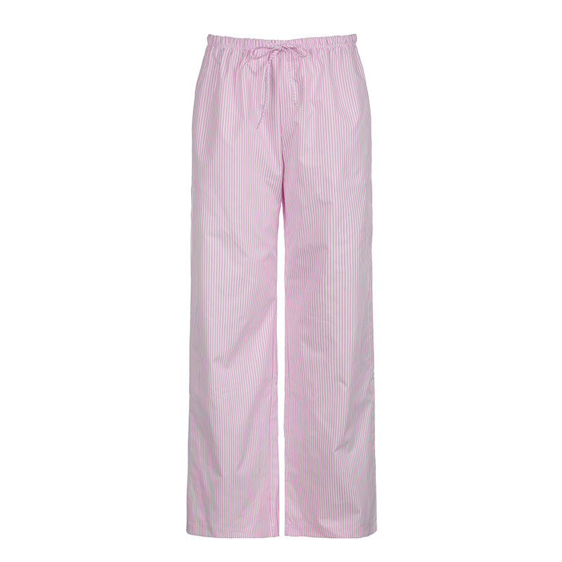 Loose striped contrast casual lace-up straight-leg trousers