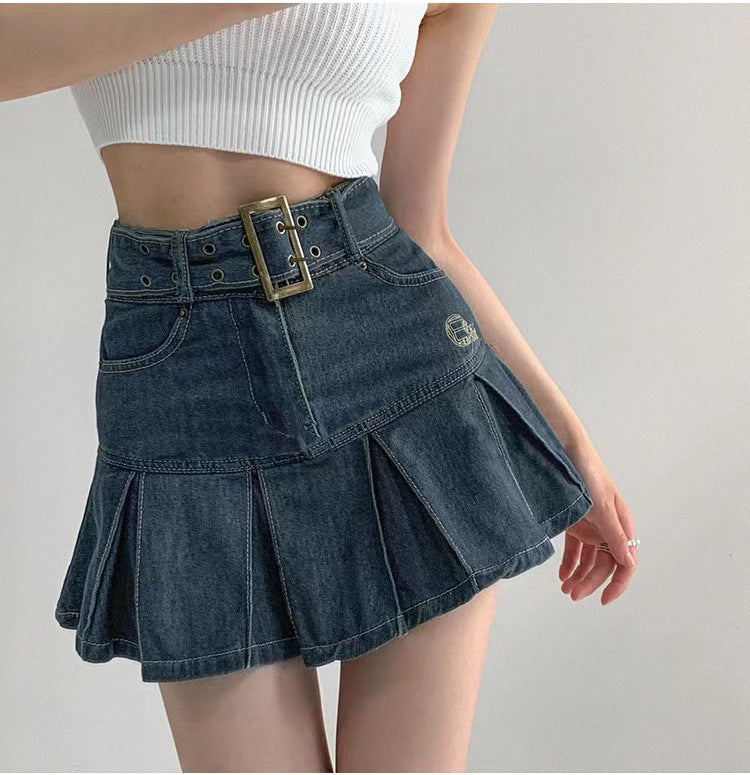 Slim Denim Short Pleated Skirt