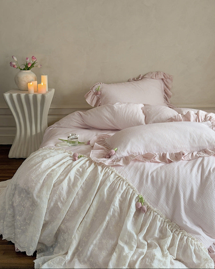 Bella Floral Lace Ruffled Princess Bedding Set - Pink