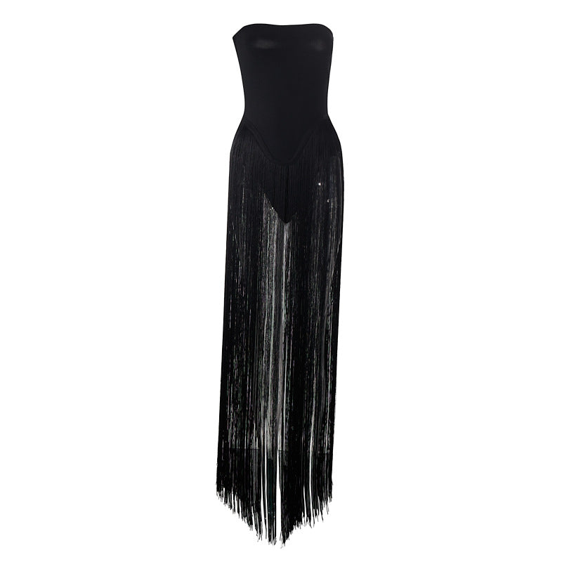 Strapless Fringe Black Dress