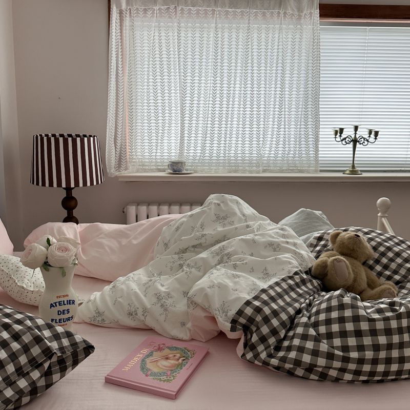 Emi Patchwork Gingham Bedding Set - Soft Mocha Pink