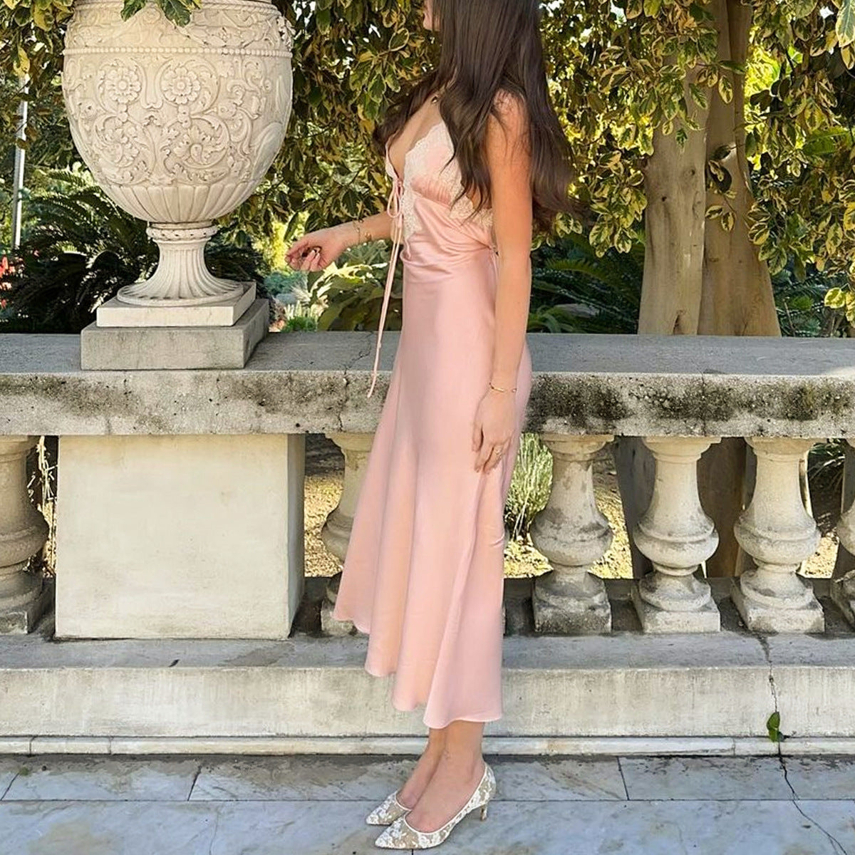 Lace-Paneled Pink Waist Satin Midi Dress