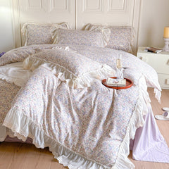 Delicate Floral Lace Ruffled Bedding Set - Purple