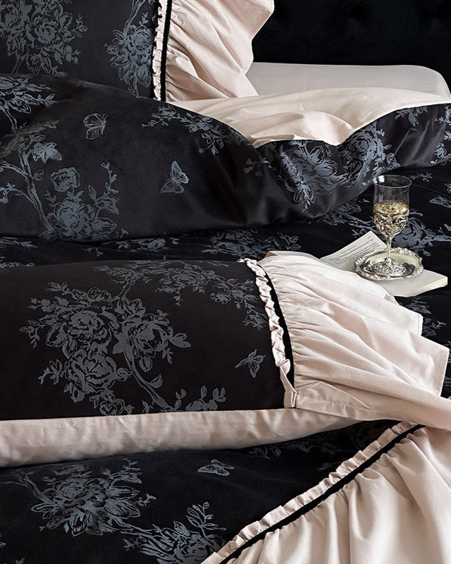 Jacquard Gilded Velvet Ruffled Bedding Set - Pink