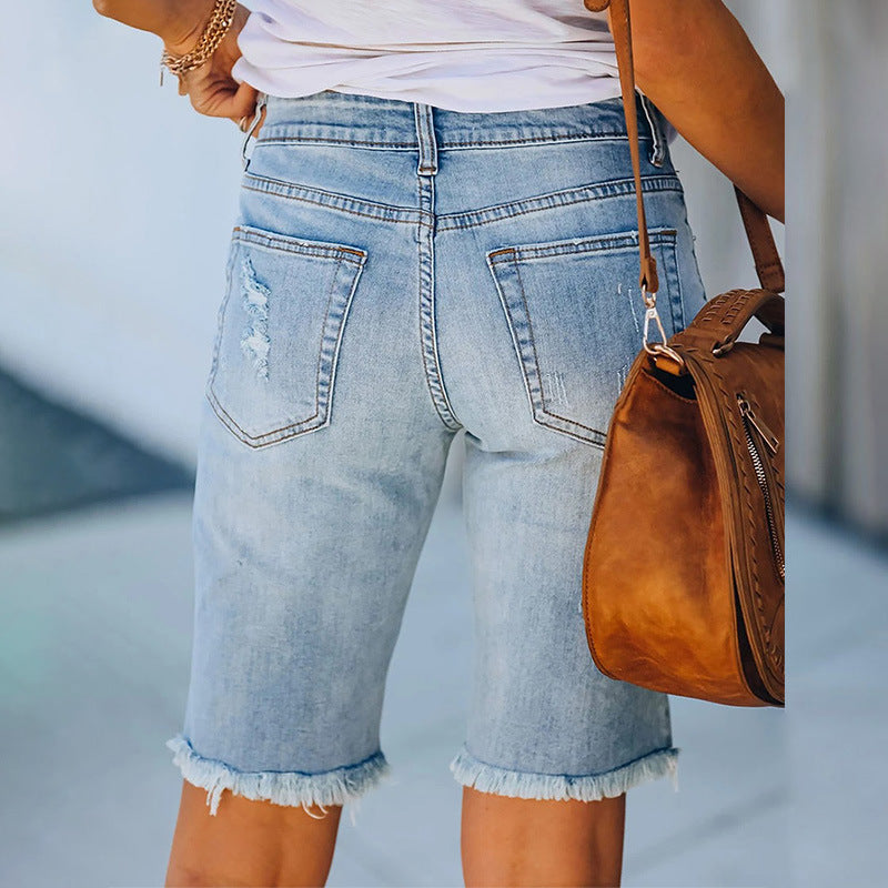Shorts vaqueros de cintura alta con patchwork de crochet