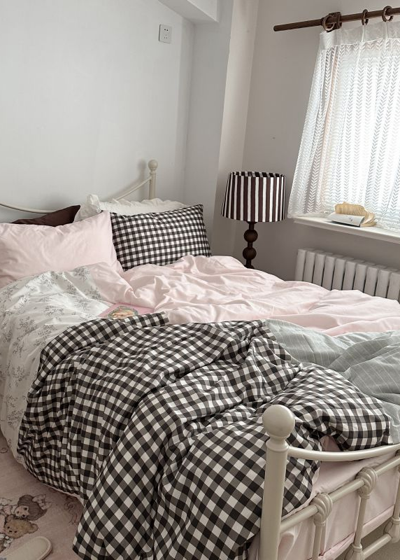 Emi Patchwork Gingham Bedding Set - Soft Mocha Pink